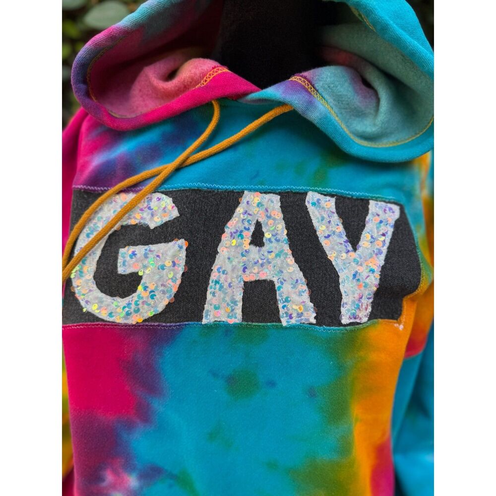 Upcycled Tie Dye Hoodie - Gay appliqué - Picture 2 of 6